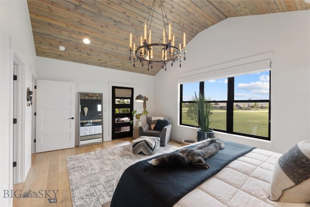 646 Arrow Trl, Bozeman, MT 59718 - bedroom with a chandelier, wood ceiling, wood-type flooring, and high vaulted ceiling
