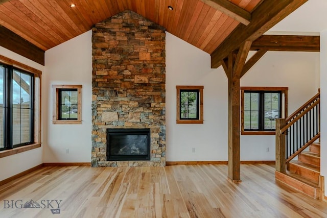 16 Sagittarius Skwy, Emigrant, MT 59027 - unfurnished living room featuring light wood-style floors, stairway, baseboards, wood ceiling, and high vaulted ceiling