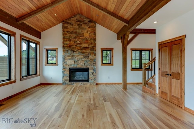 16 Sagittarius Skwy, Emigrant, MT 59027 - unfurnished living room featuring light wood-style floors, wood ceiling with exposed beams, stairs, baseboards, and a fireplace