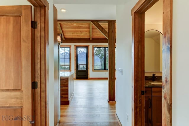 16 Sagittarius Skwy, Emigrant, MT 59027 - corridor featuring wood-type flooring, recessed lighting, a sink, and wood ceiling