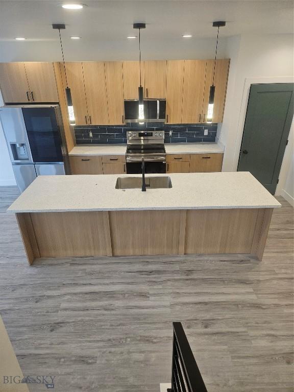 1102 Ridgeview Trl, Livingston, MT 59047 - kitchen featuring stainless steel electric range oven, light wood-style floors, a sink, decorative backsplash, and a center island with sink