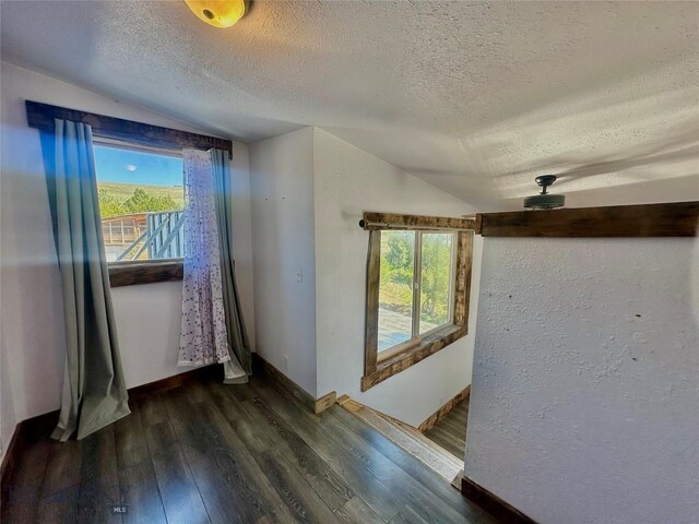 400 Broken Creek Rd, Three Forks, MT 59752 - unfurnished room with a textured ceiling, wood finished floors, healthy amount of natural light, vaulted ceiling, and baseboards