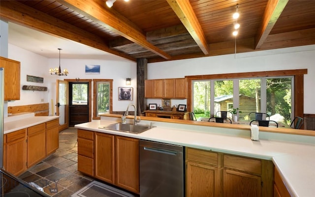 495 Jardine Rd, Gardiner, MT 59030 - kitchen with a sink, stainless steel dishwasher, wood ceiling with exposed beams, stone tile flooring, and light countertops