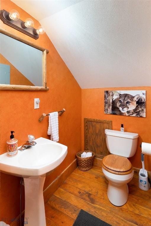 495 Jardine Rd, Gardiner, MT 59030 - bathroom with wood-type flooring, vaulted ceiling, and toilet