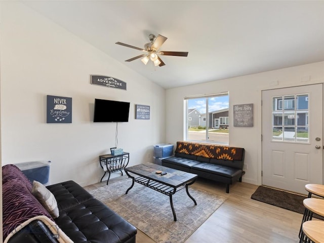 407 Brookline St Unit A, Livingston, MT 59047 - living area featuring a ceiling fan, lofted ceiling, and light wood-style floors