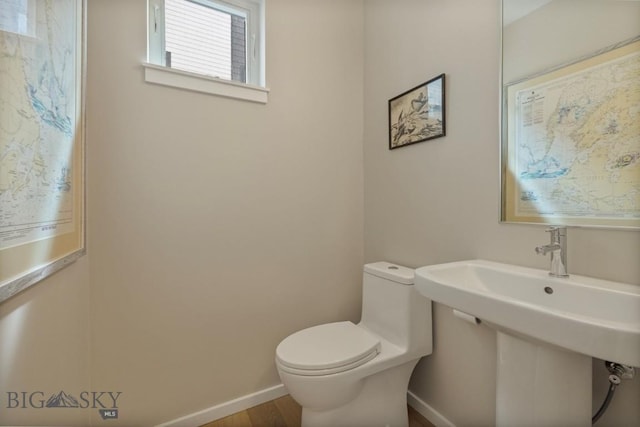 519 E Mendenhall St, Bozeman, MT 59715 - half bathroom with toilet, baseboards, wood finished floors, and a sink
