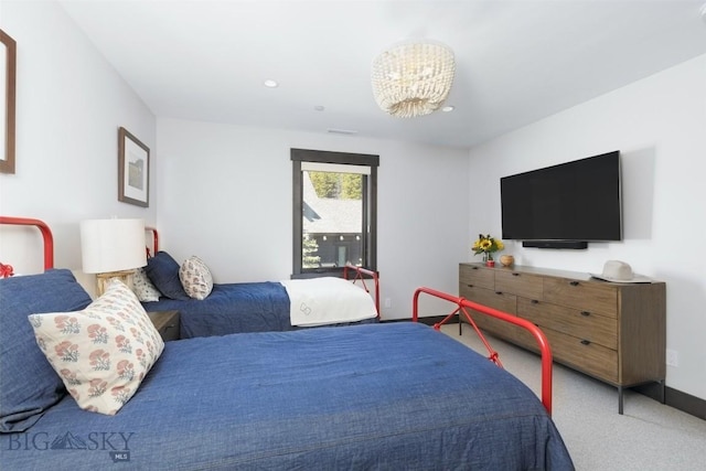 bedroom with a chandelier, carpet floors, baseboards, and recessed lighting