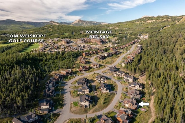 aerial view of property and surrounding area with a mountainous background, a heavily wooded area, and nearby suburban area