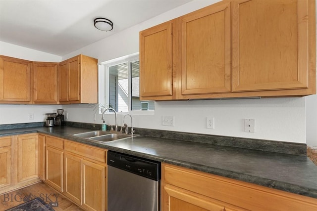 108 10th St Unit B, Belgrade, MT 59714 - kitchen featuring a sink, stainless steel dishwasher, dark countertops, and dark wood-type flooring