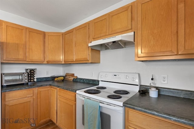 108 10th St Unit B, Belgrade, MT 59714 - kitchen featuring white electric range, under cabinet range hood, and dark countertops