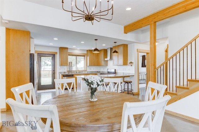 3493 Lolo Way, Bozeman, MT 59718 - dining area with recessed lighting, beamed ceiling, a chandelier, and stairs