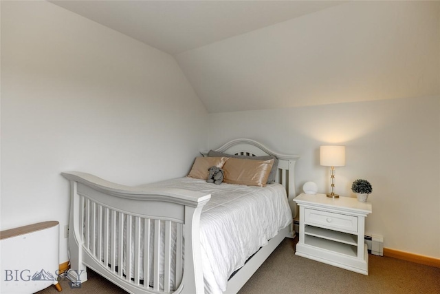 3493 Lolo Way, Bozeman, MT 59718 - carpeted bedroom featuring a baseboard heating unit, vaulted ceiling, and baseboards
