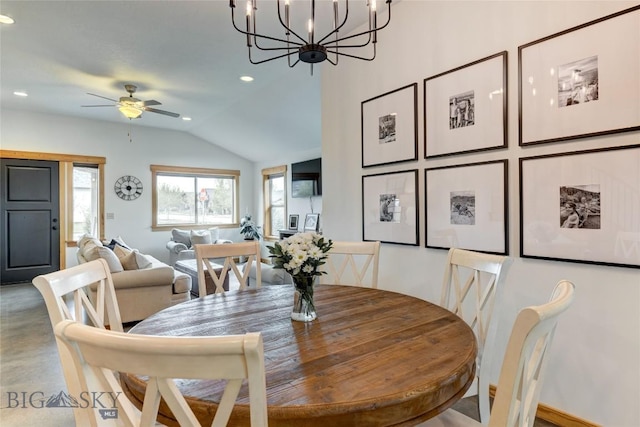 3493 Lolo Way, Bozeman, MT 59718 - dining area featuring lofted ceiling, recessed lighting, ceiling fan, and a chandelier