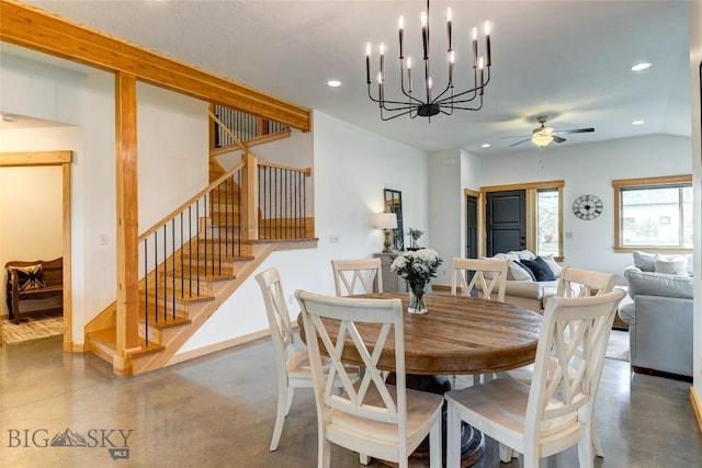3493 Lolo Way, Bozeman, MT 59718 - dining room with recessed lighting, stairway, a ceiling fan, and a chandelier
