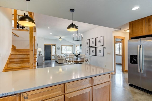 3493 Lolo Way, Bozeman, MT 59718 - kitchen featuring stainless steel fridge with ice dispenser, ceiling fan, recessed lighting, light countertops, and finished concrete floors
