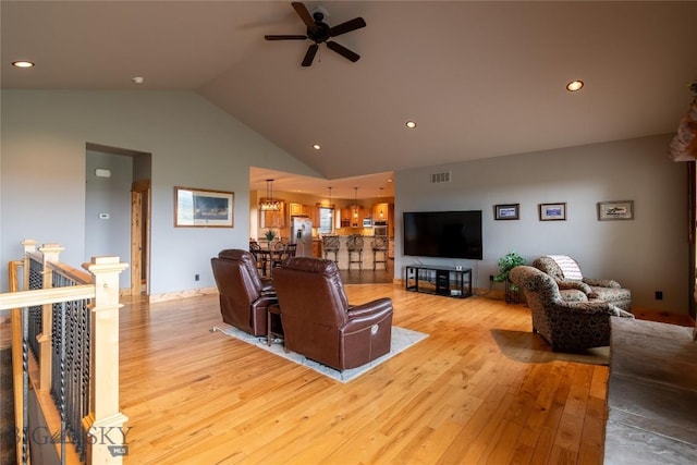 115AND117 Otter Creek Rd, Big Timber, MT 59011 - living area featuring light wood-style flooring, a ceiling fan, vaulted ceiling, and recessed lighting
