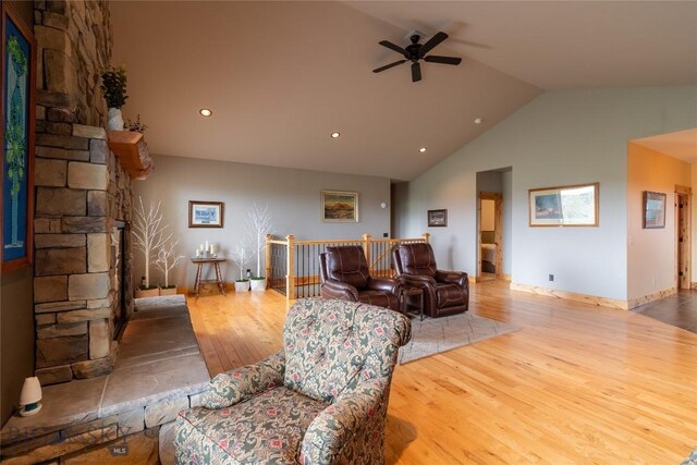 115AND117 Otter Creek Rd, Big Timber, MT 59011 - living area featuring wood finished floors, ceiling fan, high vaulted ceiling, and recessed lighting