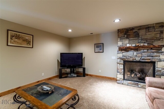 115AND117 Otter Creek Rd, Big Timber, MT 59011 - living room with carpet, baseboards, a fireplace, and recessed lighting