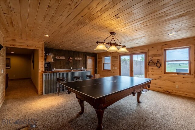 115AND117 Otter Creek Rd, Big Timber, MT 59011 - recreation room featuring a dry bar, carpet flooring, wooden ceiling, wood walls, and recessed lighting