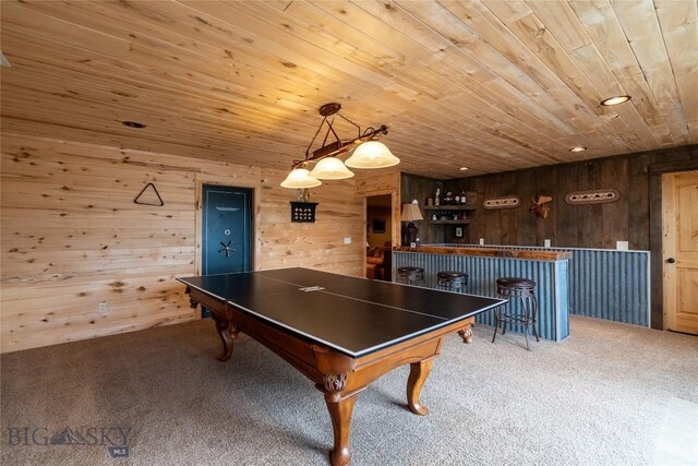 115AND117 Otter Creek Rd, Big Timber, MT 59011 - recreation room featuring a bar, carpet flooring, wooden ceiling, and wood walls