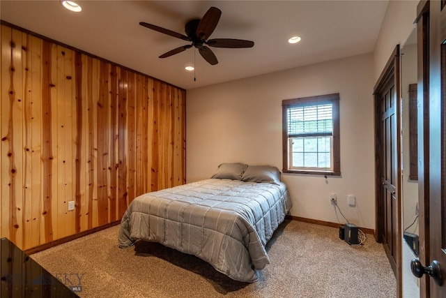 115AND117 Otter Creek Rd, Big Timber, MT 59011 - bedroom featuring carpet floors, recessed lighting, baseboards, ceiling fan, and wood walls
