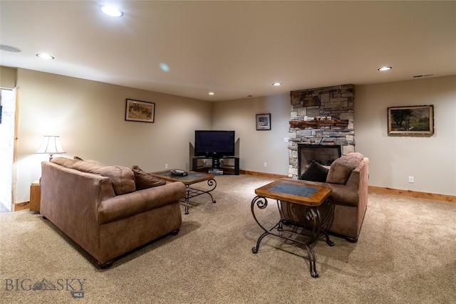 115AND117 Otter Creek Rd, Big Timber, MT 59011 - living area featuring light colored carpet, recessed lighting, baseboards, and a fireplace