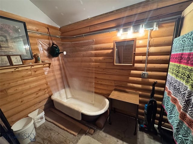 222 S Fork Ray Creek Rd, Townsend, MT 59644 - full bath featuring rustic walls, lofted ceiling, a freestanding tub, and a shower