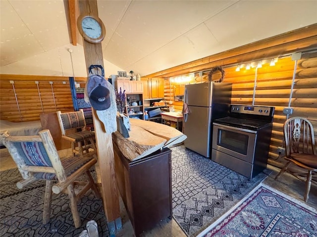 222 S Fork Ray Creek Rd, Townsend, MT 59644 - kitchen featuring appliances with stainless steel finishes, rustic walls, lofted ceiling, and light countertops
