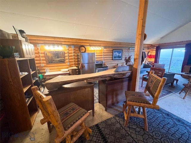 222 S Fork Ray Creek Rd, Townsend, MT 59644 - indoor bar featuring rustic walls, stainless steel appliances, and lofted ceiling