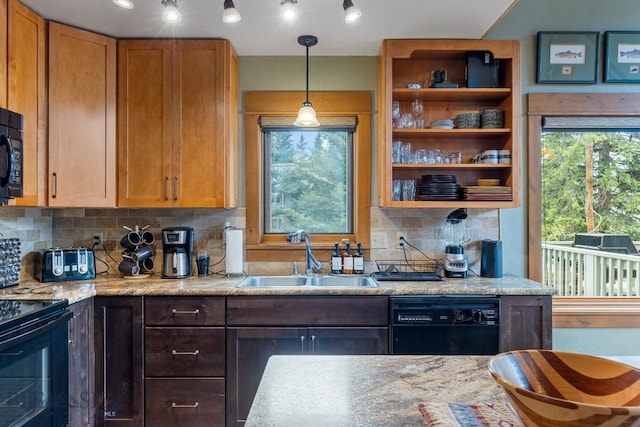 75 Rose Hip Cir, Big Sky, MT 59716 - kitchen featuring black appliances, decorative backsplash, decorative light fixtures, and open shelves