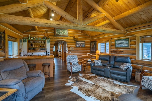 3 Dolly Varden Dr, Mcallister, MT 59740 - living room with wood ceiling, healthy amount of natural light, arched walkways, wood finished floors, and log walls