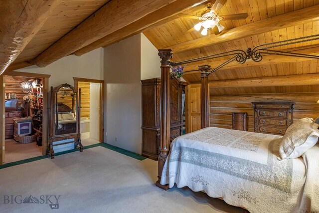 3 Dolly Varden Dr, Mcallister, MT 59740 - bedroom with carpet flooring, wood ceiling with exposed beams, and ceiling fan