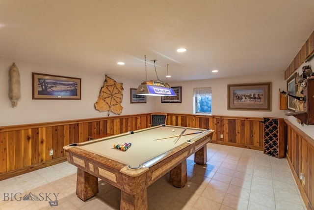 3 Dolly Varden Dr, Mcallister, MT 59740 - playroom featuring a wainscoted wall, wooden walls, billiards, recessed lighting, and light tile patterned flooring