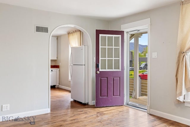209 N 3rd, Bozeman, MT 59715 - foyer with arched walkways, light wood-style flooring, baseboards, and a mountain view