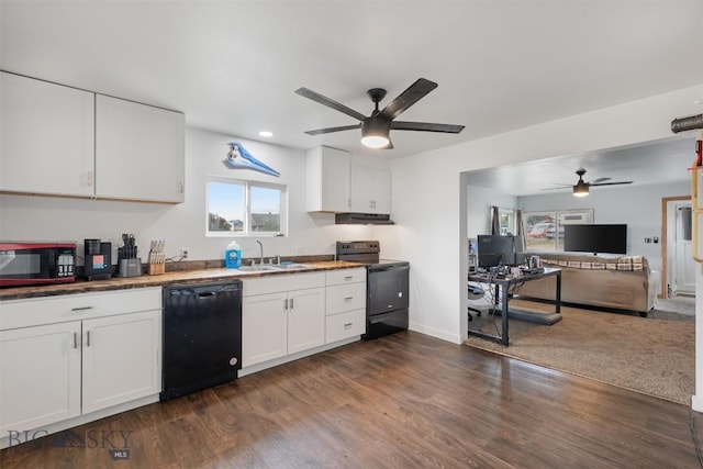 2422 Pine St, Butte, MT 59701 - kitchen featuring black appliances, ceiling fan, a sink, white cabinets, and open floor plan