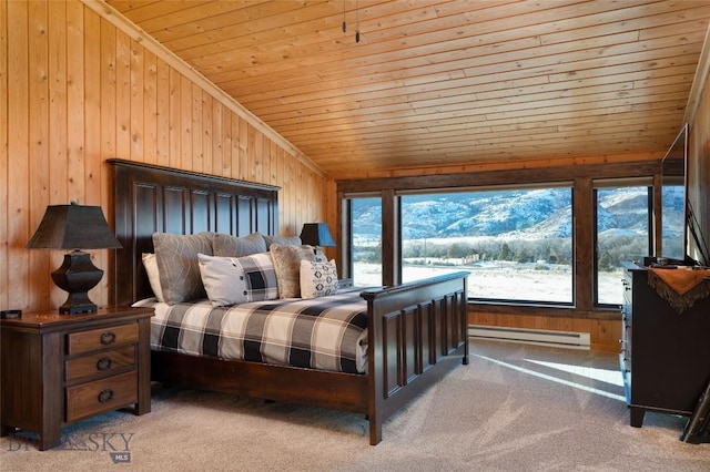 198 E River Rd, Emigrant, MT 59027 - bedroom featuring baseboard heating, wood ceiling, vaulted ceiling, wooden walls, and carpet flooring