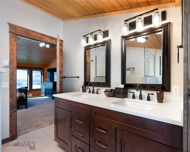 198 E River Rd, Emigrant, MT 59027 - full bath featuring wood ceiling, double vanity, and tile patterned flooring