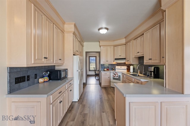106 Lonesome Dove Rd, Cameron, MT 59720 - kitchen featuring white appliances, a sink, light countertops, light wood-style floors, and decorative backsplash
