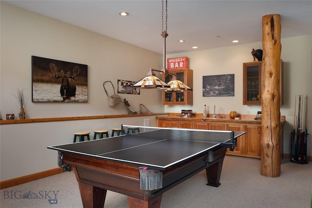 250 Petes Way, Big Sky, MT 59730 - game room with light colored carpet, recessed lighting, baseboards, and bar with sink