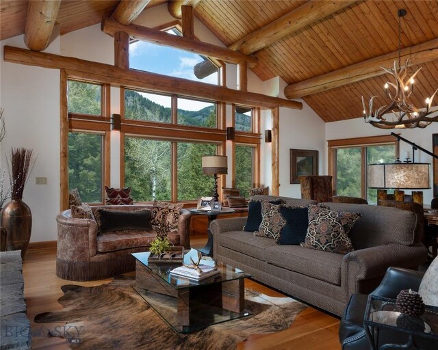 250 Petes Way, Big Sky, MT 59730 - living room featuring a chandelier, wooden ceiling with exposed beams, wood finished floors, and high vaulted ceiling