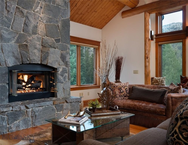 250 Petes Way, Big Sky, MT 59730 - living room with wood finished floors, a fireplace, and wood ceiling