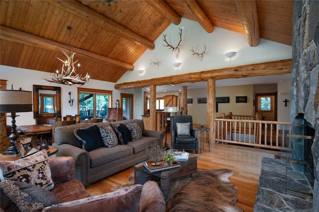 250 Petes Way, Big Sky, MT 59730 - living room with wood finished floors, a chandelier, wood ceiling with exposed beams, healthy amount of natural light, and high vaulted ceiling