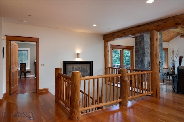 250 Petes Way, Big Sky, MT 59730 - hallway with an upstairs landing, recessed lighting, and wood finished floors