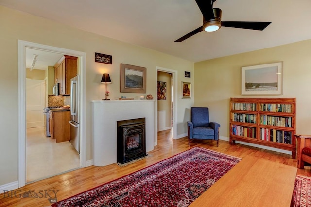 923 W Clark St, Livingston, MT 59047 - living area with light wood-type flooring, ceiling fan, and a fireplace with flush hearth