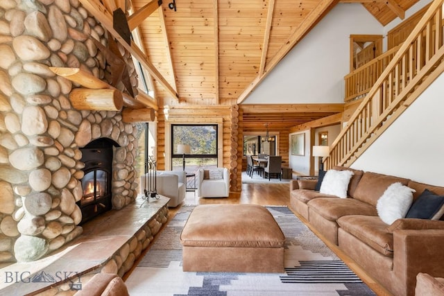 1266 Ousel Falls Rd, Big Sky, MT 59716 - living room featuring high vaulted ceiling, wooden ceiling with exposed beams, wood finished floors, log walls, and stairway