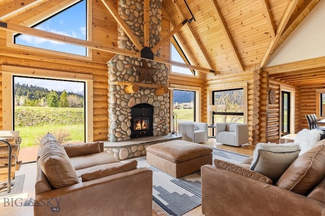 1266 Ousel Falls Rd, Big Sky, MT 59716 - living area featuring high vaulted ceiling, log walls, wood ceiling with exposed beams, wood finished floors, and a stone fireplace