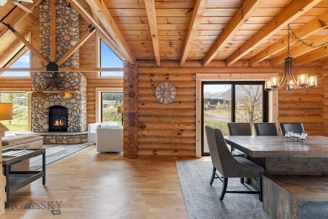 1266 Ousel Falls Rd, Big Sky, MT 59716 - dining space featuring rustic walls, wood ceiling, wood finished floors, a chandelier, and a stone fireplace
