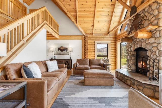 1266 Ousel Falls Rd, Big Sky, MT 59716 - living area featuring high vaulted ceiling, rustic walls, and wood ceiling with exposed beams