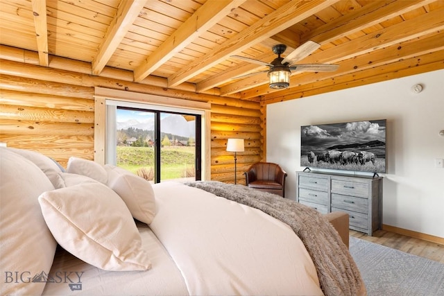 1266 Ousel Falls Rd, Big Sky, MT 59716 - bedroom with log walls, wood finished floors, wooden ceiling with exposed beams, access to exterior, and baseboards
