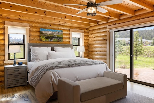 1266 Ousel Falls Rd, Big Sky, MT 59716 - bedroom with wooden ceiling with exposed beams, access to exterior, rustic walls, and hardwood / wood-style floors